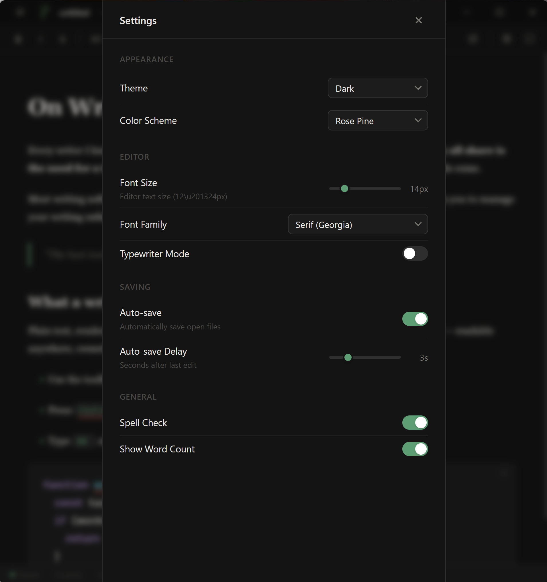 Settings panel with theme, font, and behavior options